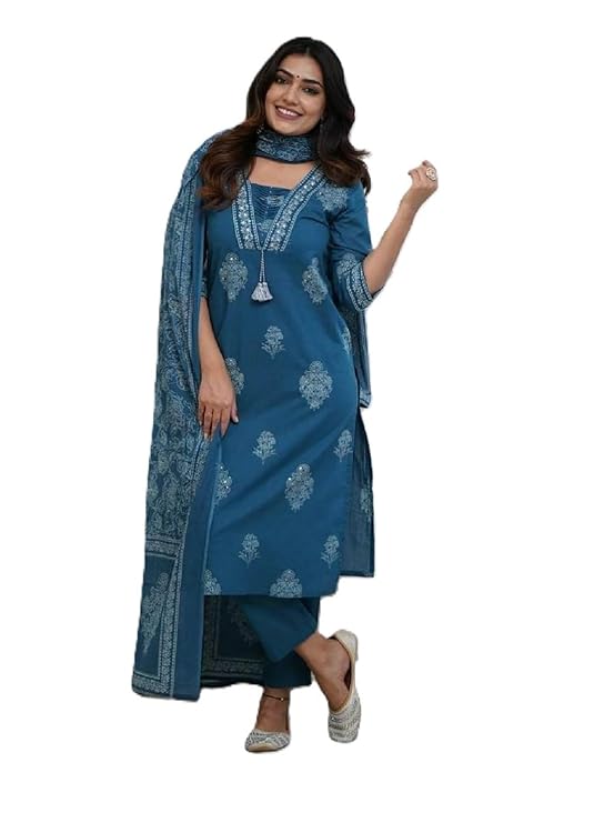 PARTHVI|Women’s Pure Cotton Printed with Handwork Kurta with Pants and Dupatta Set | Ethnic Set | Suit Set | Kurta Set | Wedding Suit Set