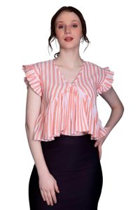 Leriya Fashion Women's Western Regular Fit Crop Tops | Fancy Stripped with Ruffle Sleeves | Button Down Lightweight Cotton for Girls | Suitable for College Office Casual Wear for Ladies