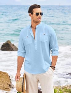Macsivo Cotton Blend Solid Casual Short Kurta for Men Long Sleeve Mandarin Collar Stylish Shirt Kurta for Men