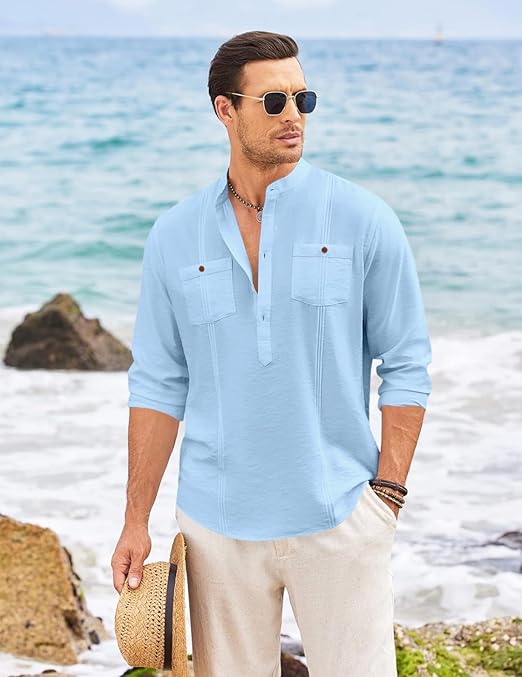 Macsivo Cotton Blend Solid Casual Short Kurta for Men Long Sleeve Mandarin Collar Stylish Shirt Kurta for Men